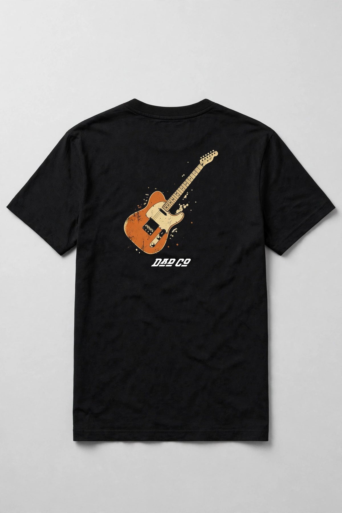Black guitar t-shirt back print: butterscotch Tele style electric guitar, cream and burnt orange vintage distressed screen print, with DAD CO logo under the back print