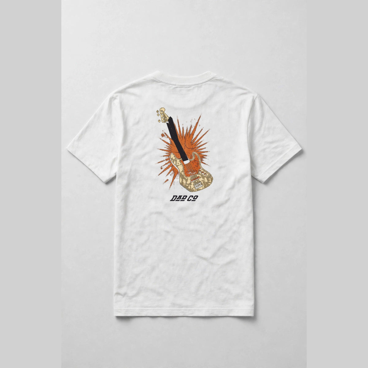 White bass player t-shirt back print: vintage cream and burnt orange bass guitar with starburst, distressed screen print, with DAD CO logo under the back print