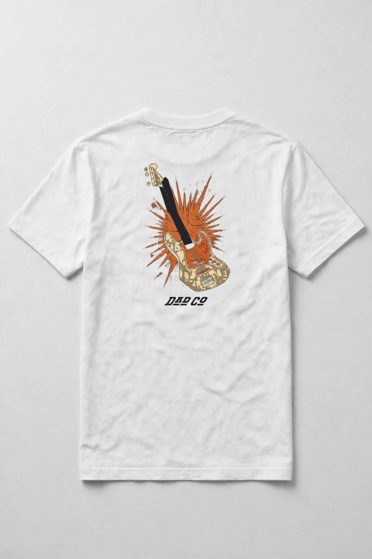 White bass player t-shirt back print: vintage cream and burnt orange bass guitar with starburst, distressed screen print, with DAD CO logo under the back print