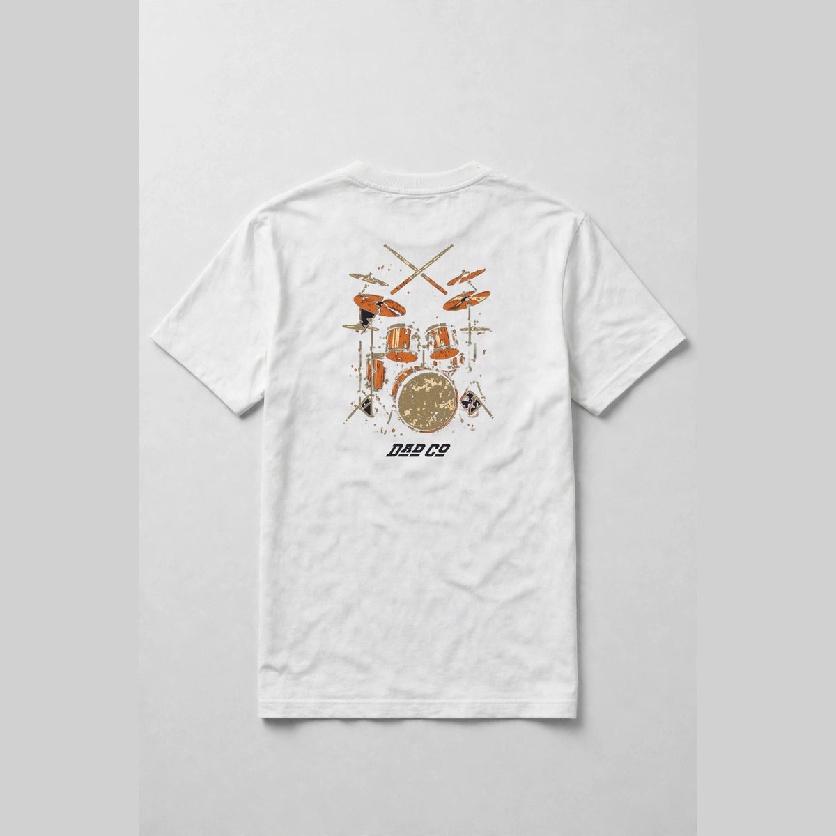White drummer t-shirt back print: vintage burnt orange drum kit with crossed sticks, cream and orange distressed screen print, with DAD CO logo under the back print