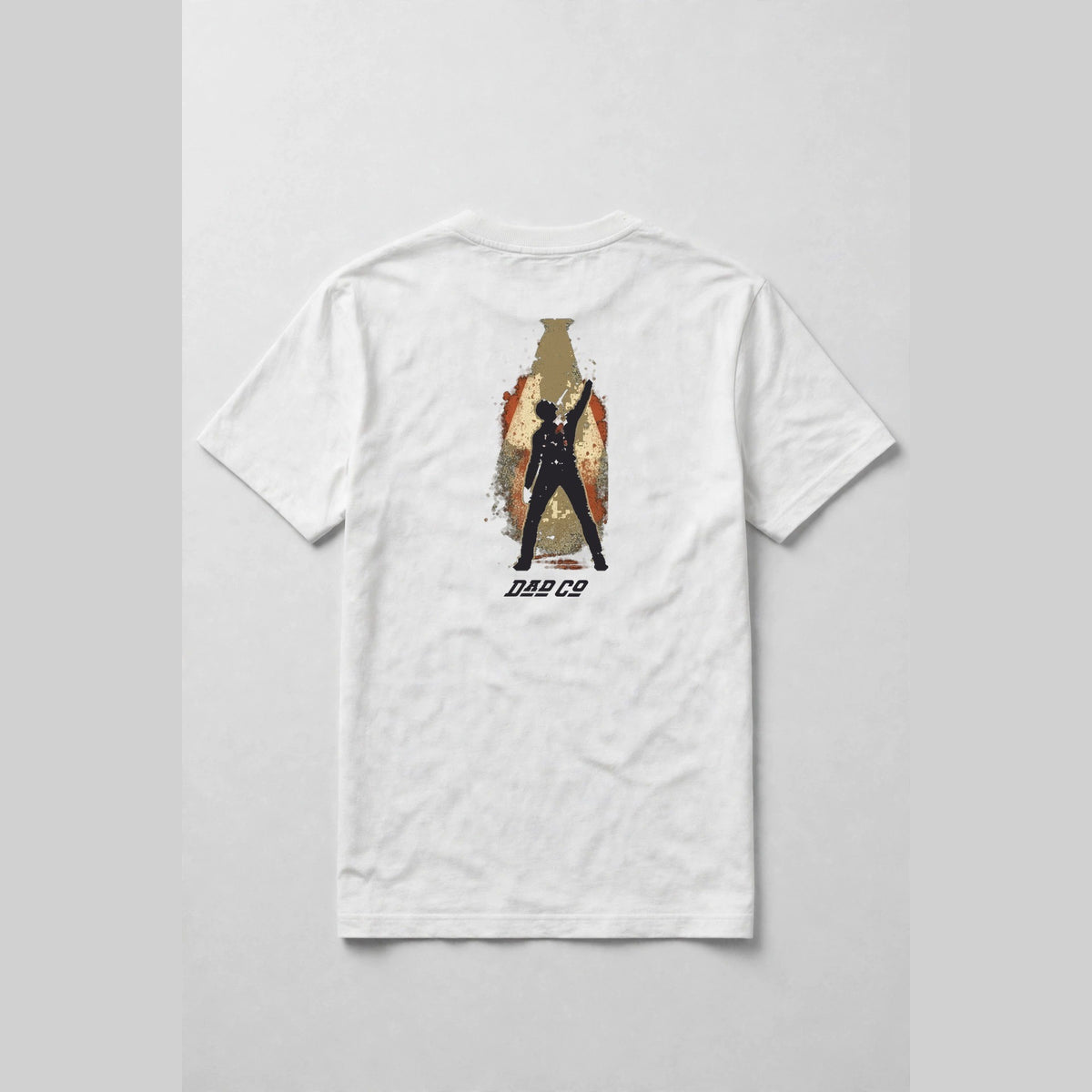 White singer t-shirt back print: vocalist silhouette holding a vintage microphone inside a cream spotlight, burnt orange distressed frame, with DAD CO logo under the back print