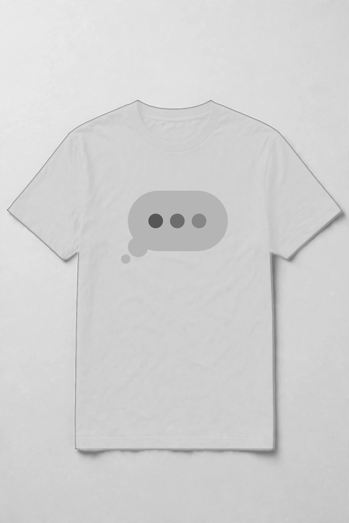 Typing dots shirt front print - big typing bubble with three dots front and center on white Bella Canvas tee, shirt only flat lay