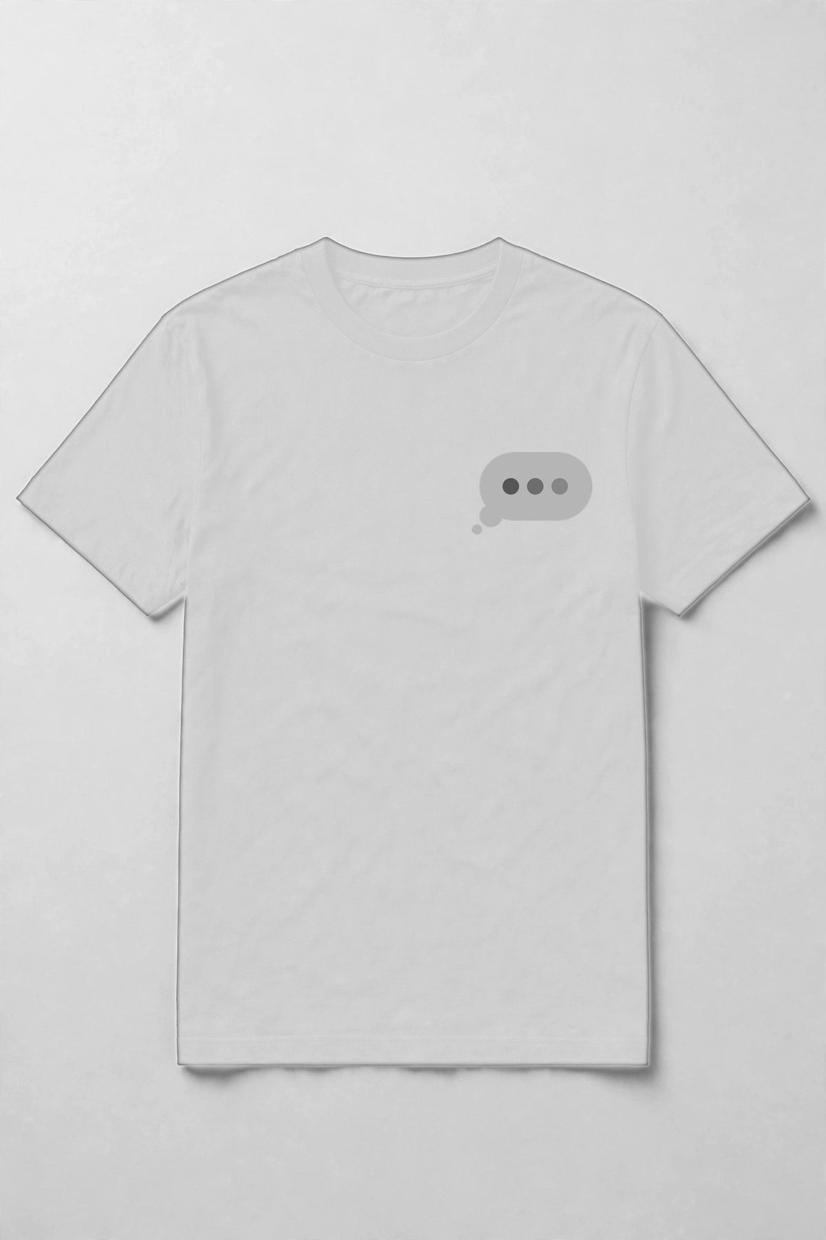 Typing dots shirt front chest print - small typing bubble left chest print on white Bella Canvas tee, shirt only flat lay