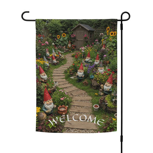 Gnomes Welcome garden flag in white, 12 by 17 inches, front view. Hella Cali.