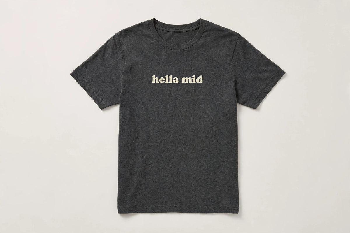 Hella Mid funny slang t-shirt in Dark Grey Heather - distressed cream lowercase text, Bella Canvas tee, flat lay front view, funny gen z humor shirt