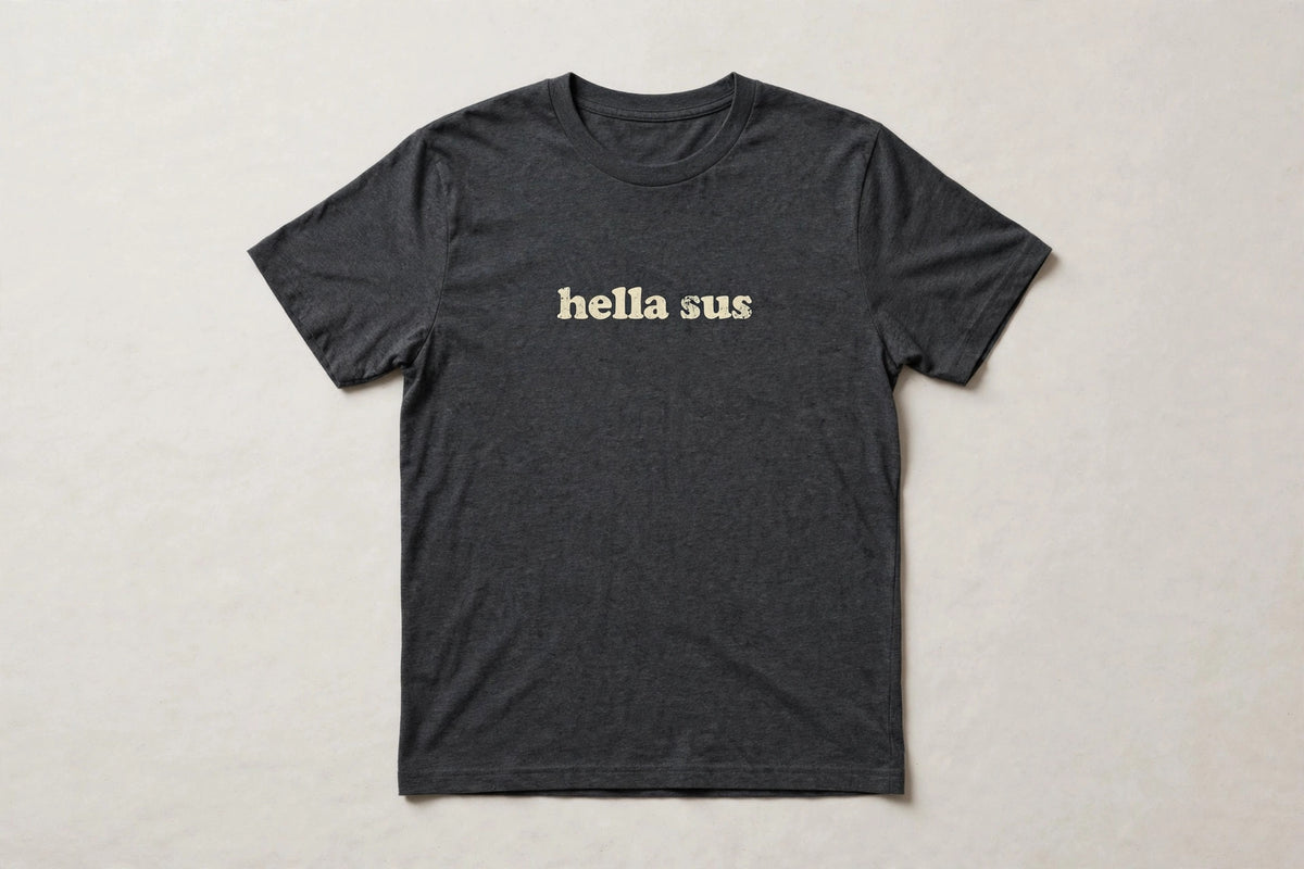 Hella Sus funny slang t-shirt in Dark Grey Heather - distressed cream lowercase text, Bella Canvas tee, flat lay front view, funny suspicious humor shirt