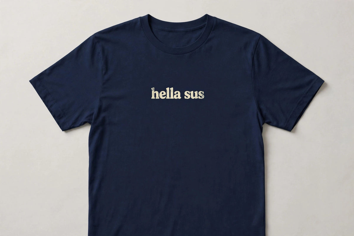 Hella Sus funny slang t-shirt in Navy - distressed cream lowercase text, Bella Canvas tee, flat lay front view, funny suspicious humor shirt