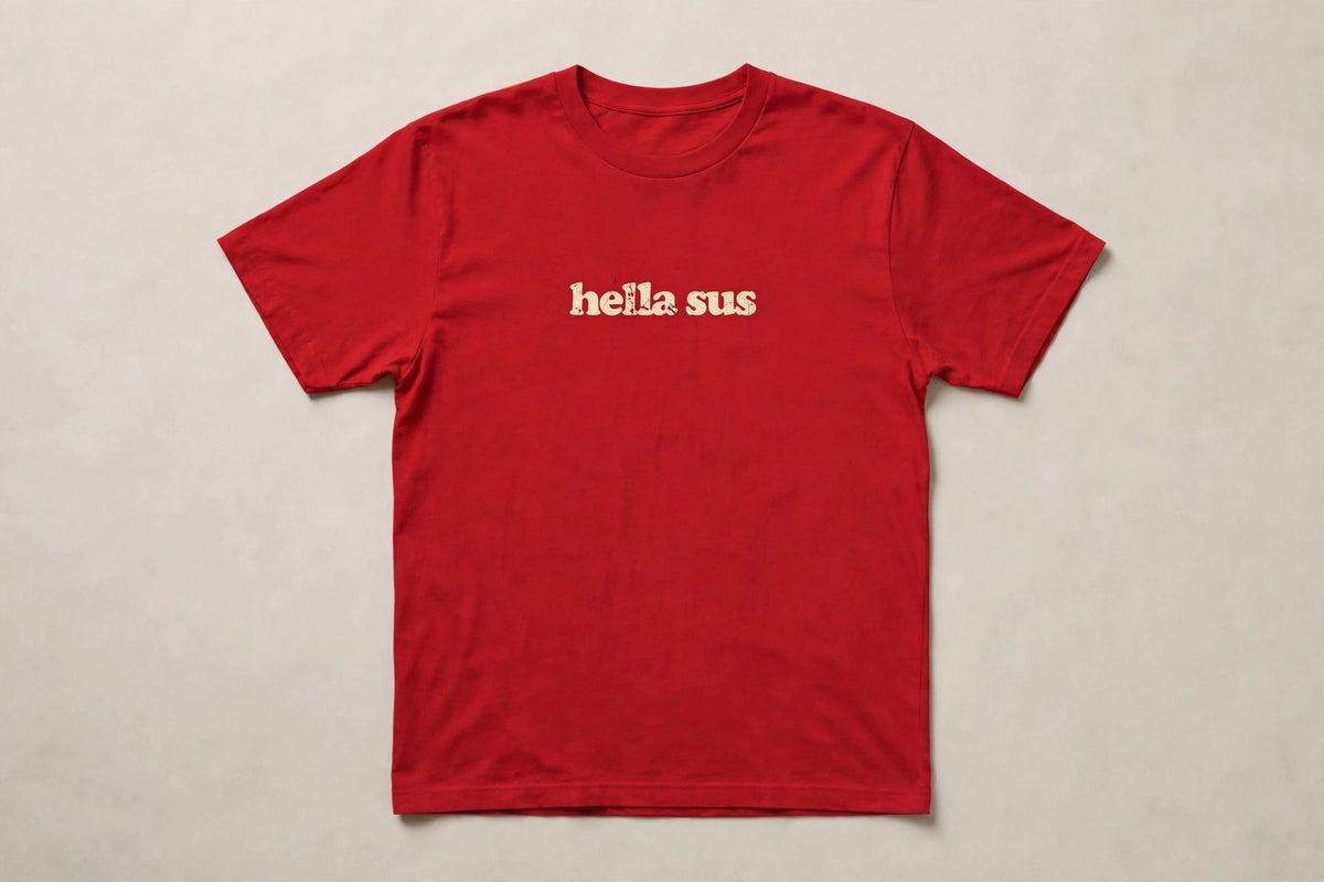 Hella Sus funny slang t-shirt in Red - distressed cream lowercase text, Bella Canvas tee, flat lay front view, funny suspicious humor shirt