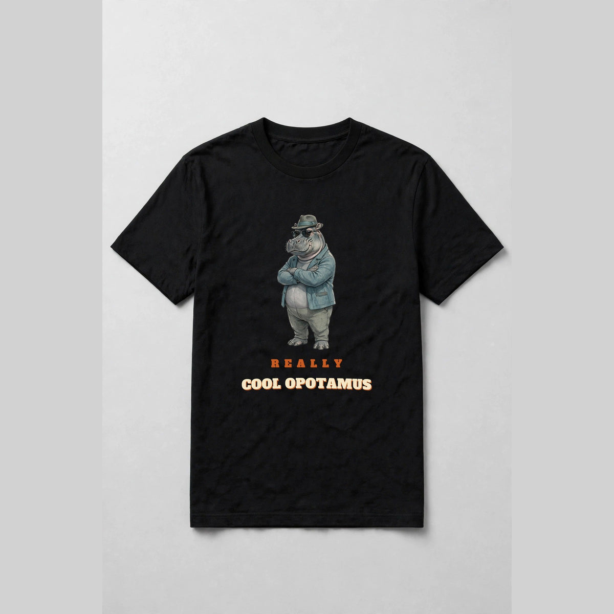 Black t-shirt with a cool jazz hippopotamus in sunglasses and a fedora above the words Really Cool Opotamus