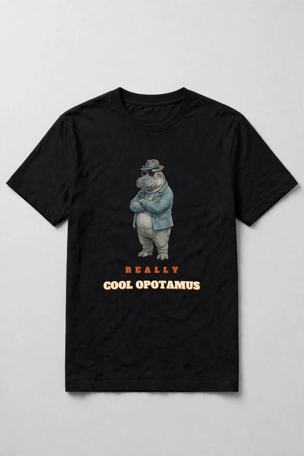 Black t-shirt with a cool jazz hippopotamus in sunglasses and a fedora above the words Really Cool Opotamus
