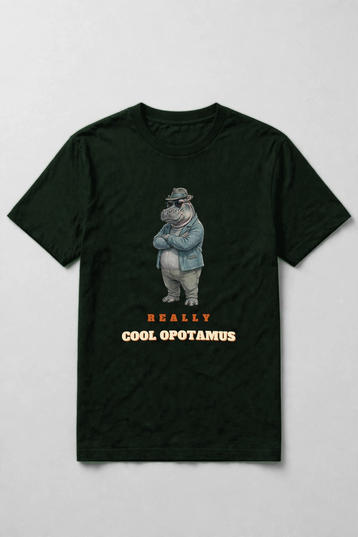 Forest t-shirt with a cool jazz hippopotamus in sunglasses and a fedora above the words Really Cool Opotamus