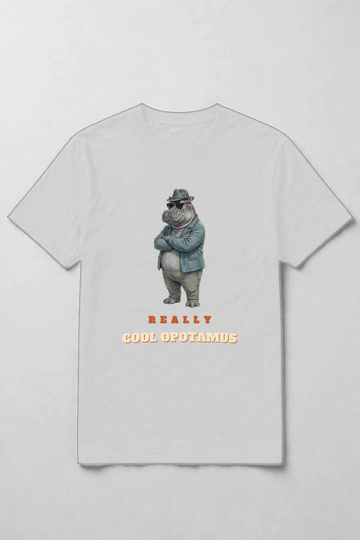 White t-shirt with a cool jazz hippopotamus in sunglasses and a fedora above the words Really Cool Opotamus