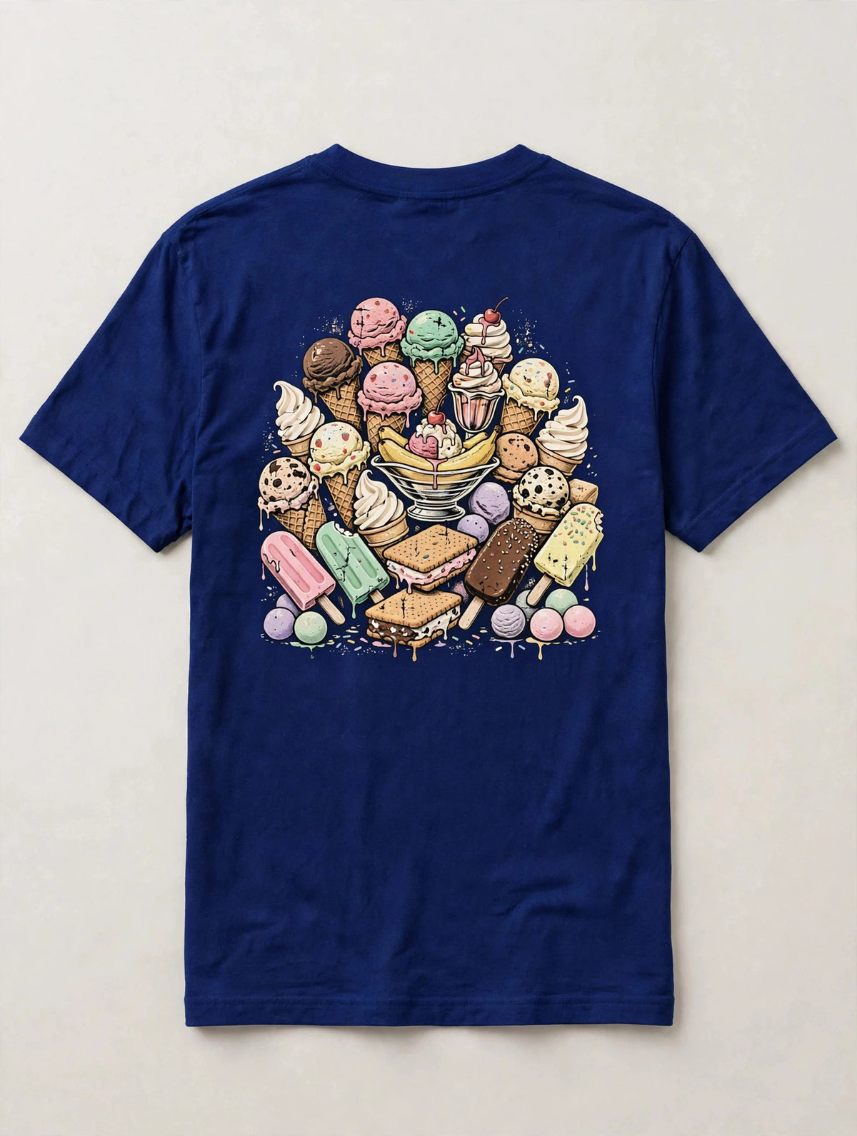 Ice cream shirt back print - big pile of ice cream cones scoops soft serve banana split sundae popsicles bars and mochi vintage distressed art on blue tee