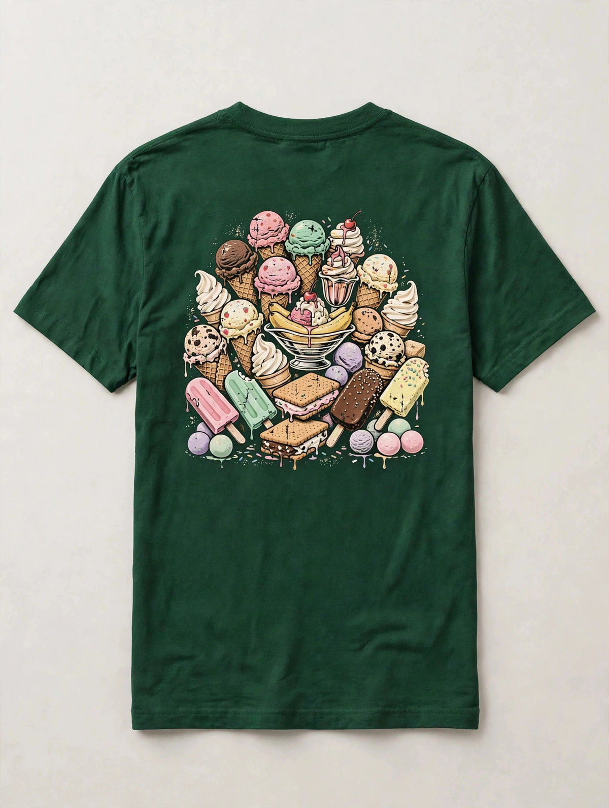 Ice cream shirt back print - big pile of ice cream cones scoops soft serve banana split sundae popsicles bars and mochi vintage distressed art on green tee