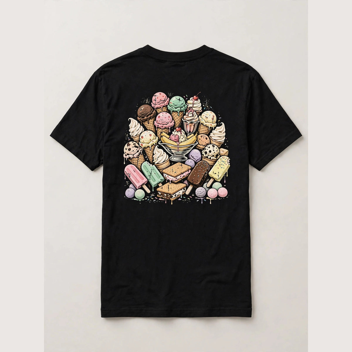 Ice cream shirt back print - big pile of ice cream cones scoops soft serve banana split sundae popsicles bars and mochi vintage distressed art on black tee