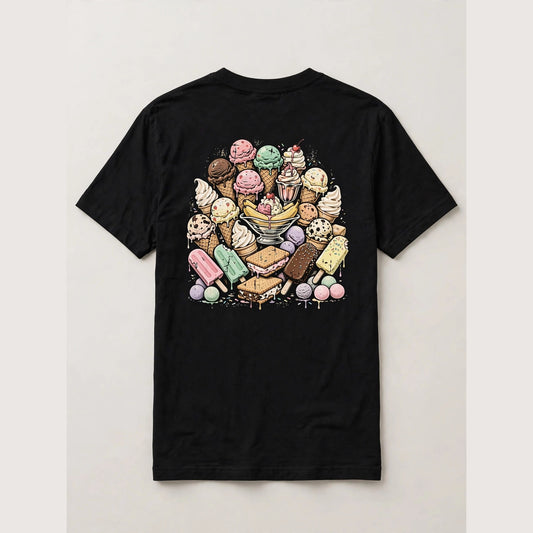 Ice cream shirt back print - big pile of ice cream cones scoops soft serve banana split sundae popsicles bars and mochi vintage distressed art on black tee
