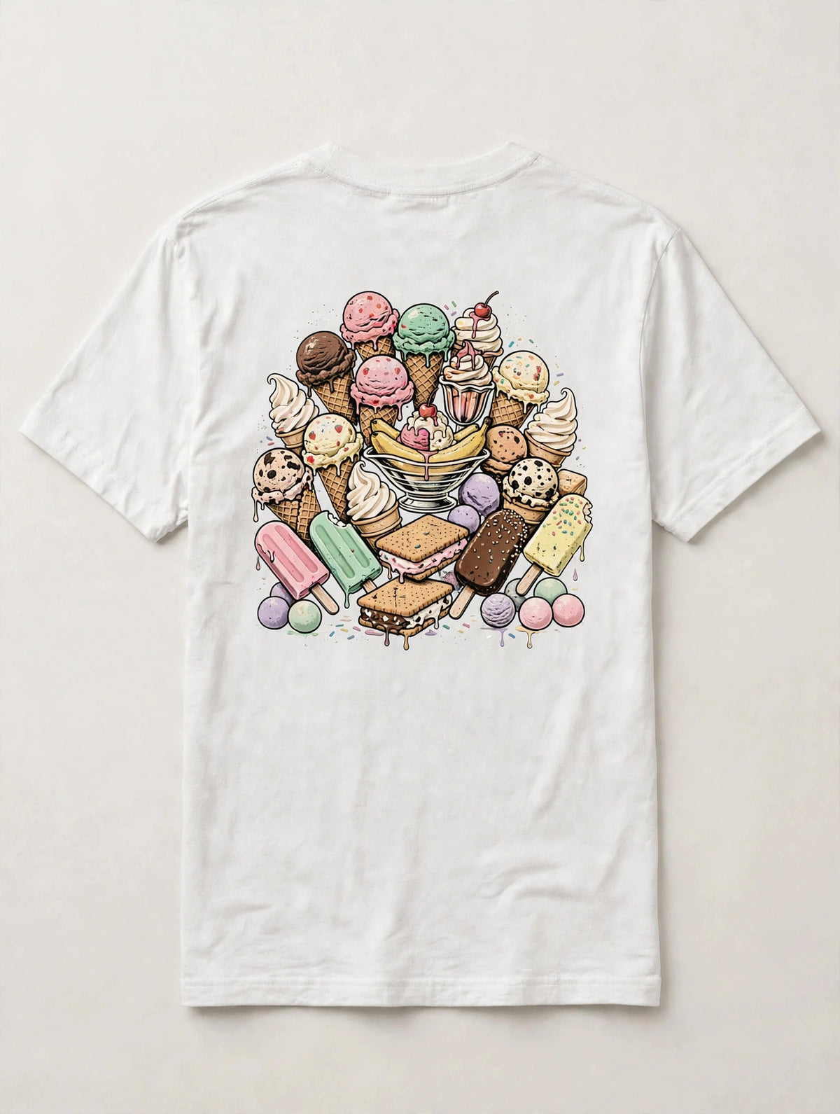 Ice cream shirt back print - big pile of ice cream cones scoops soft serve banana split sundae popsicles bars and mochi vintage distressed art on white tee