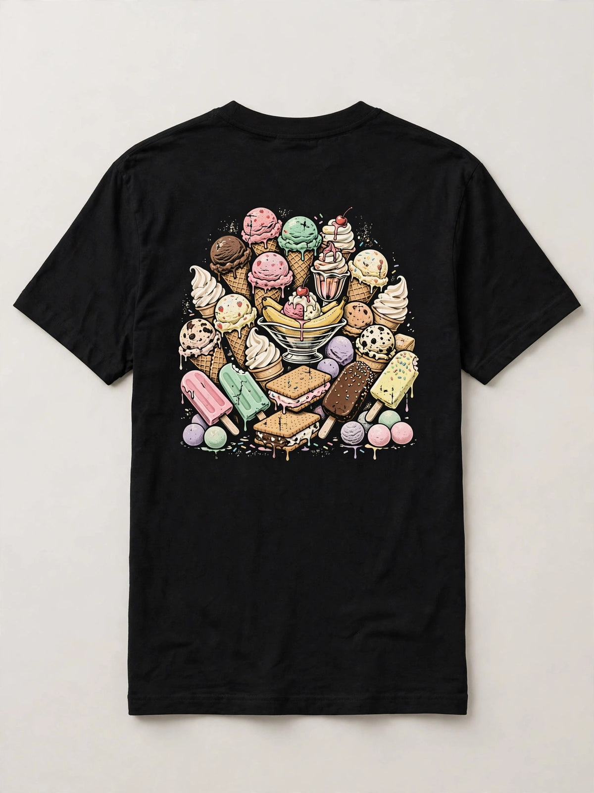 Ice cream shirt back print - big pile of ice cream cones scoops soft serve banana split sundae popsicles bars and mochi vintage distressed art on black tee