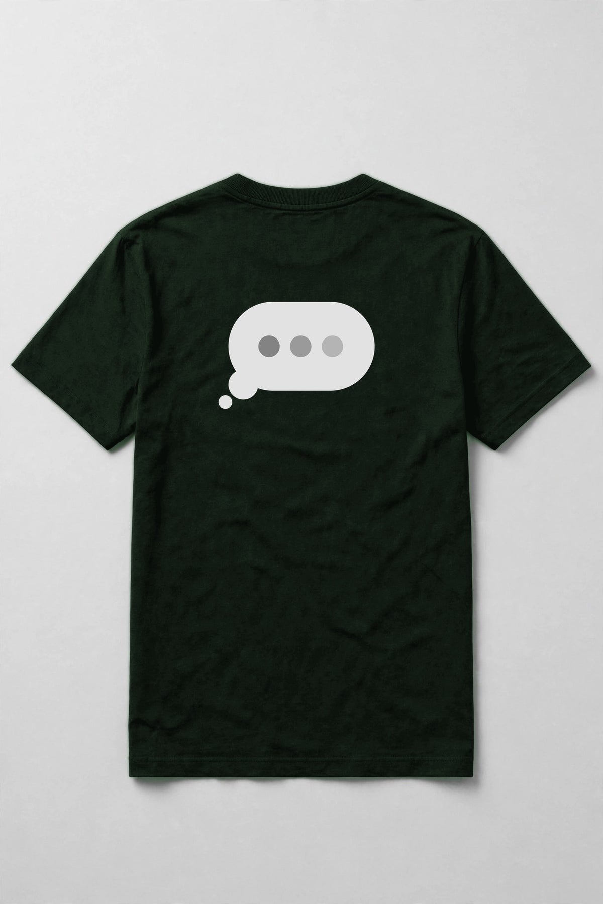 Typing dots shirt back print - typing bubble with three dots back print on forest Bella Canvas tee, shirt only flat lay