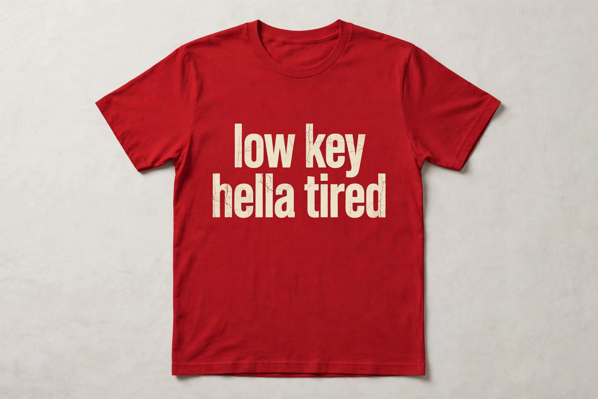Low Key Hella Tired funny slang t-shirt in Red - distressed cream lowercase text, Bella Canvas tee, flat lay front view, funny tired humor shirt