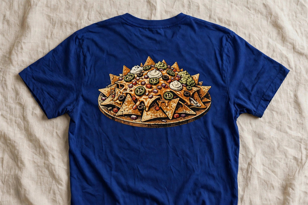 Nachos shirt back print - loaded nachos platter graphic on blue Bella Canvas tee flat lay