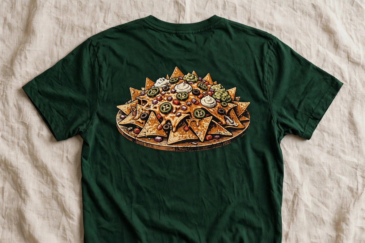 Nachos shirt back print - loaded nachos platter graphic on green Bella Canvas tee flat lay