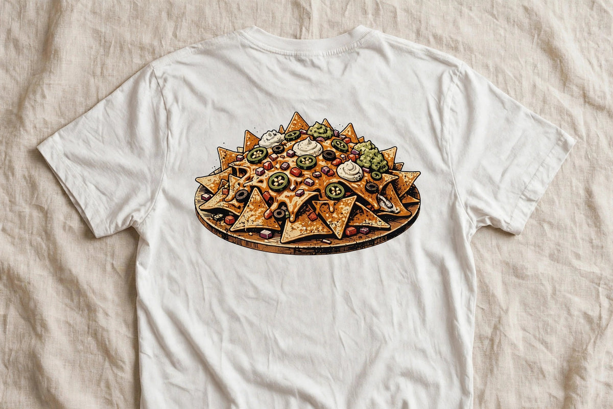 Nachos shirt back print - loaded nachos platter graphic on white Bella Canvas tee flat lay