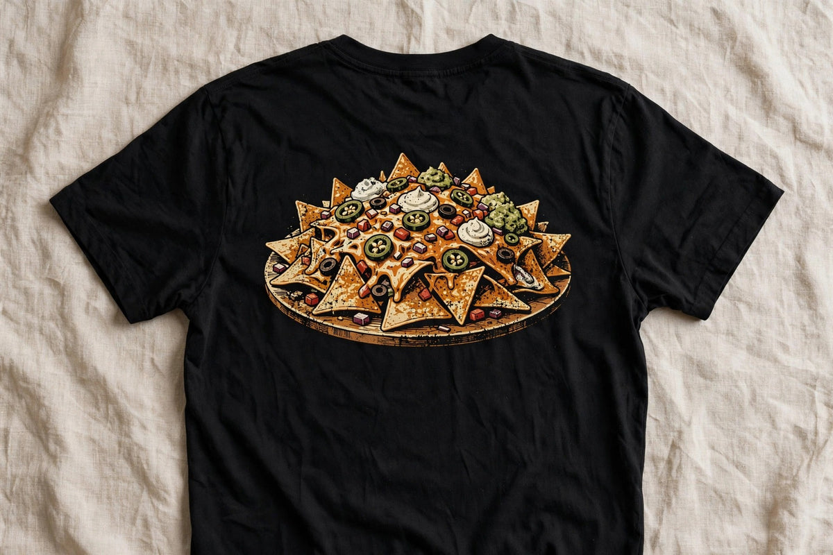 Nachos shirt back print - loaded nachos platter graphic on black Bella Canvas tee flat lay