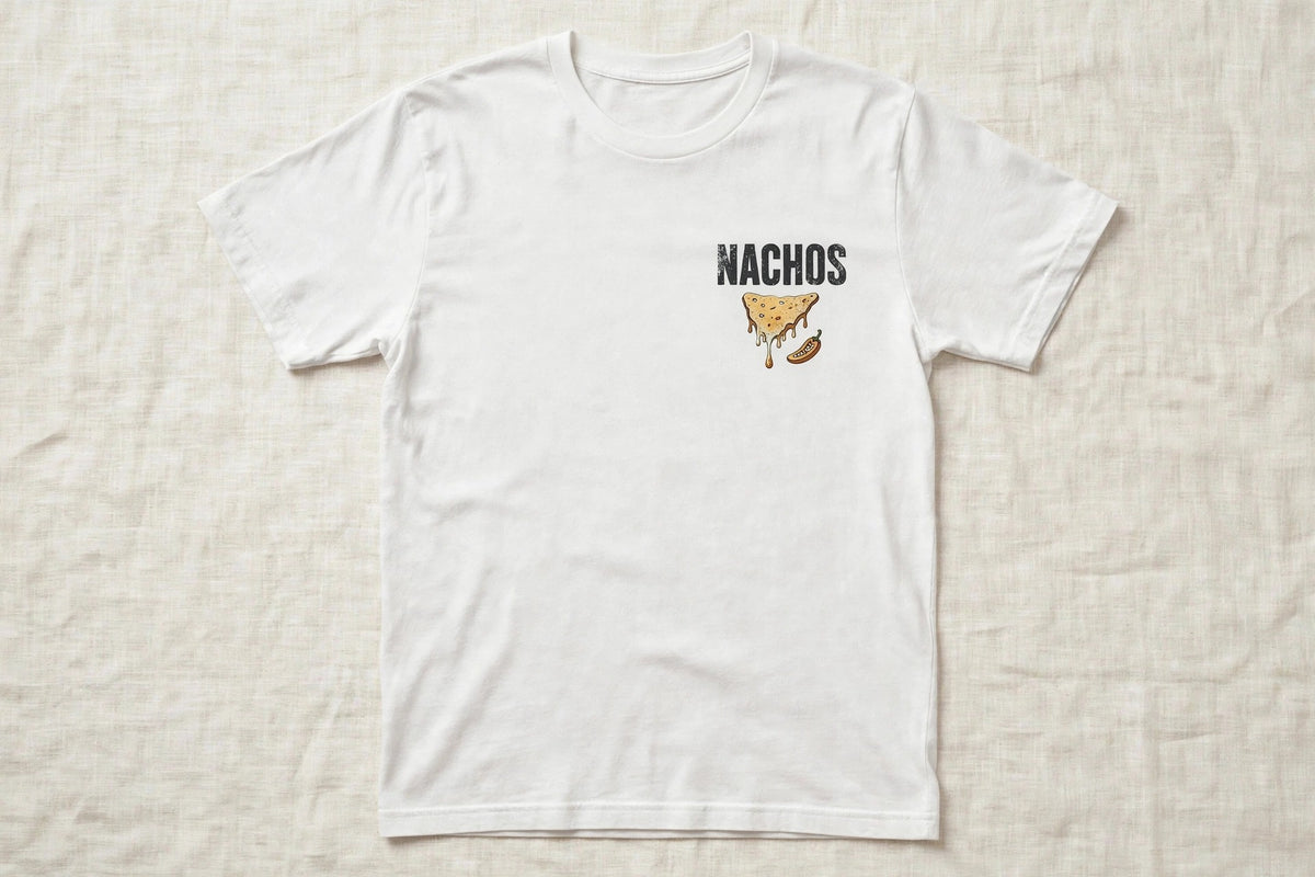 Nachos shirt front chest print - NACHOS word with nacho chip icon, dark ink on white Bella Canvas tee flat lay