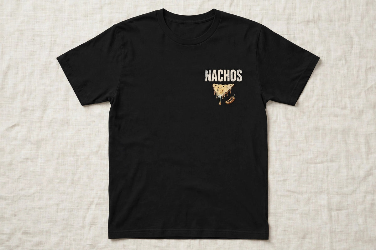 Nachos shirt front chest print - NACHOS word with nacho chip icon, white ink on black Bella Canvas tee flat lay