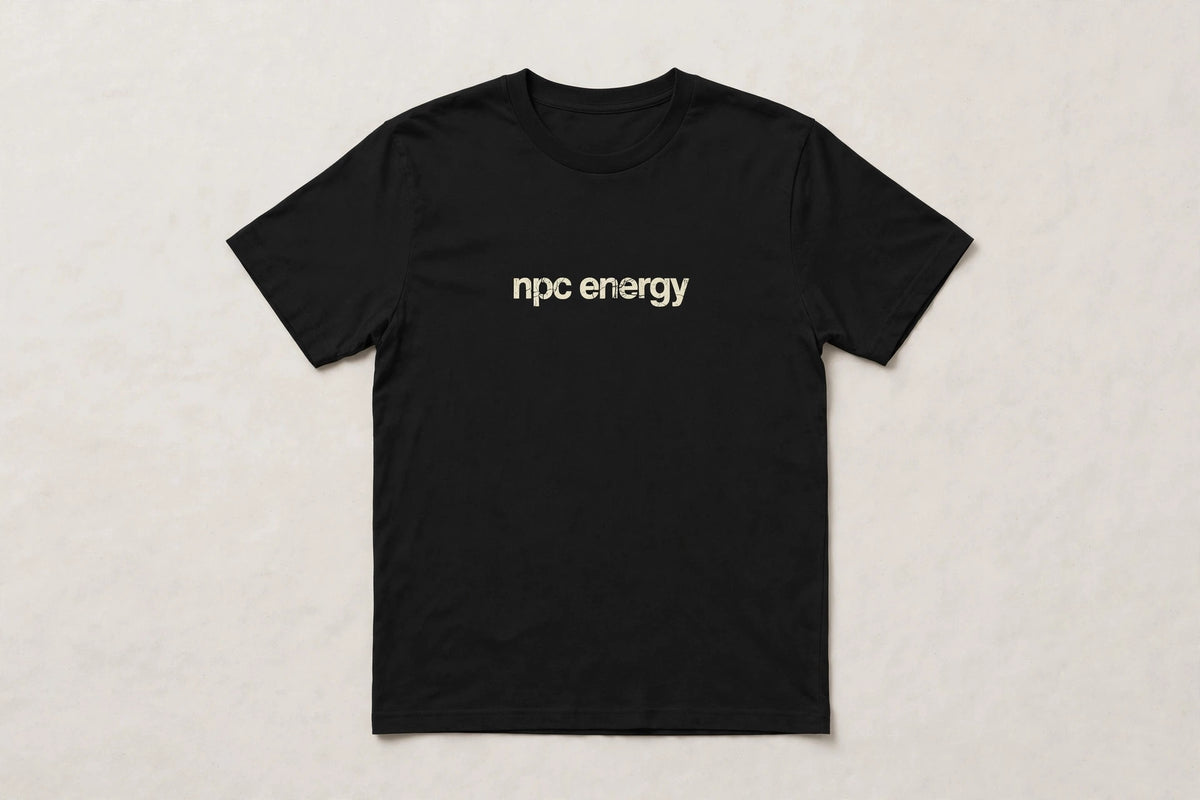 NPC Energy funny gamer slang t-shirt in Black - distressed cream lowercase text, Bella Canvas tee, flat lay front view, funny gaming humor shirt