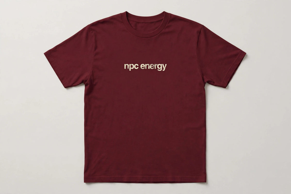 NPC Energy funny gamer slang t-shirt in Maroon - distressed cream lowercase text, Bella Canvas tee, flat lay front view, funny gaming humor shirt