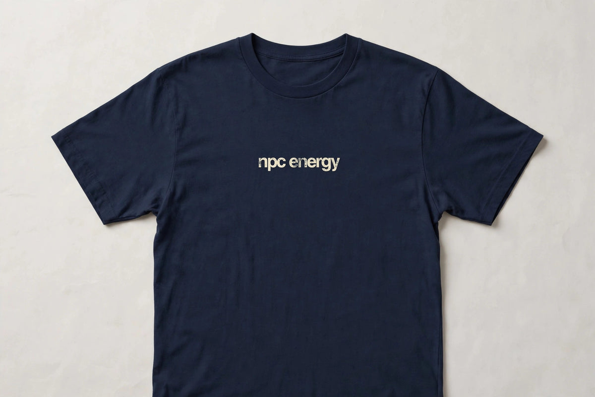 NPC Energy funny gamer slang t-shirt in Navy - distressed cream lowercase text, Bella Canvas tee, flat lay front view, funny gaming humor shirt
