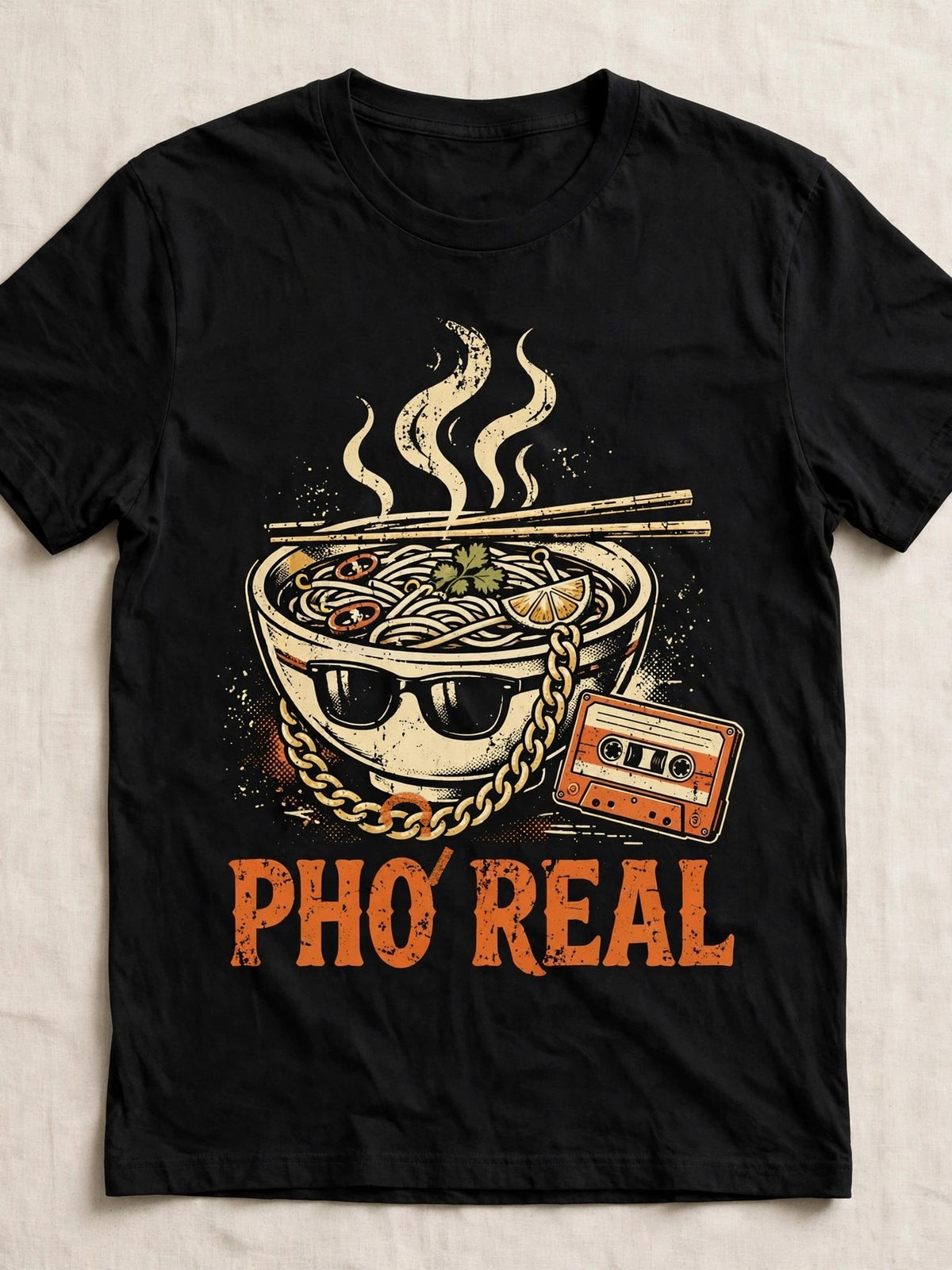 Phở Real pho shirt front print - vintage pho bowl graphic, ink on black Bella Canvas tee flat lay