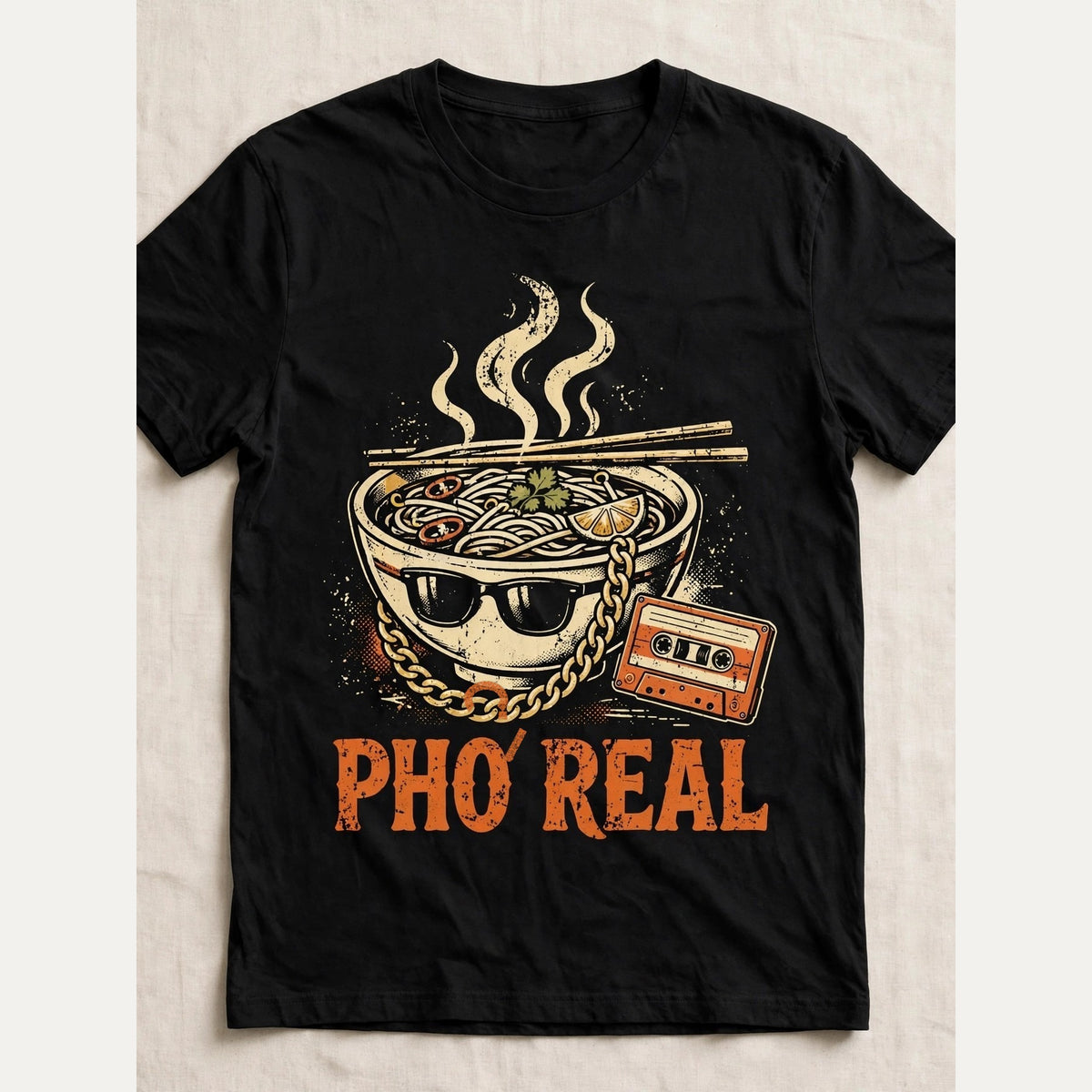Phở Real pho shirt front print - vintage pho bowl graphic, ink on black Bella Canvas tee flat lay
