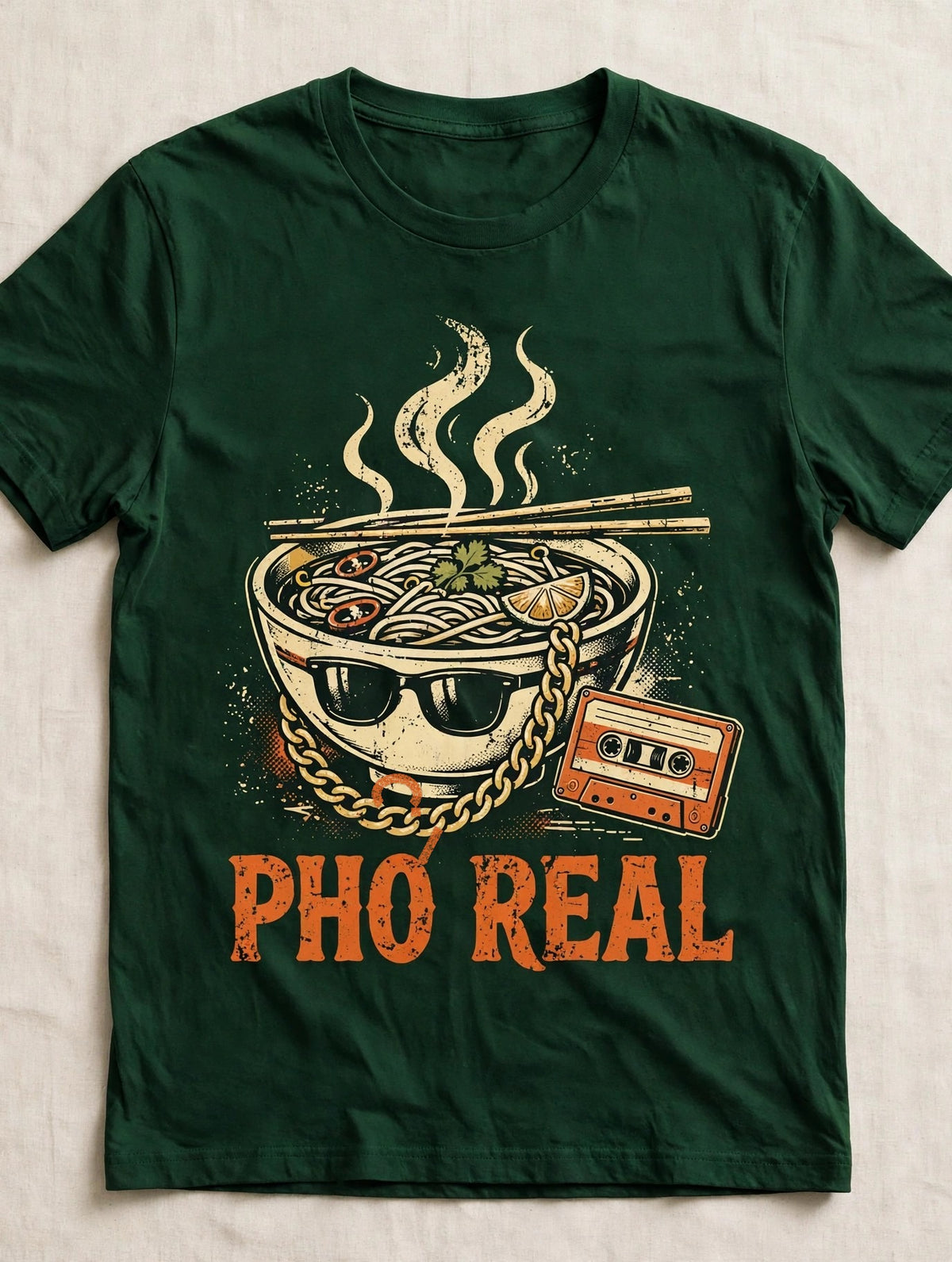 Phở Real pho shirt front print - vintage pho bowl graphic, ink on green Bella Canvas tee flat lay