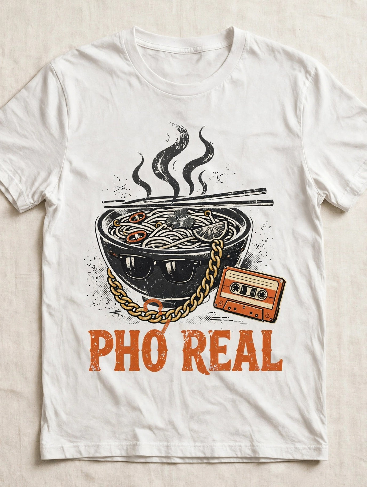 Phở Real pho shirt front print - vintage pho bowl graphic, dark ink ink on white Bella Canvas tee flat lay