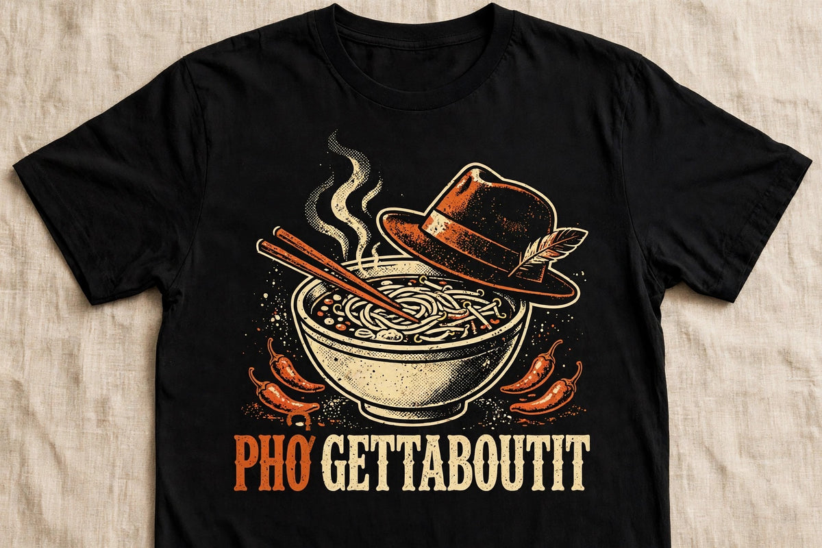 Phởgettaboutit pho shirt front print - vintage pho bowl graphic, ink on black Bella Canvas tee flat lay