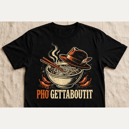 Phởgettaboutit pho shirt front print - vintage pho bowl graphic, ink on black Bella Canvas tee flat lay