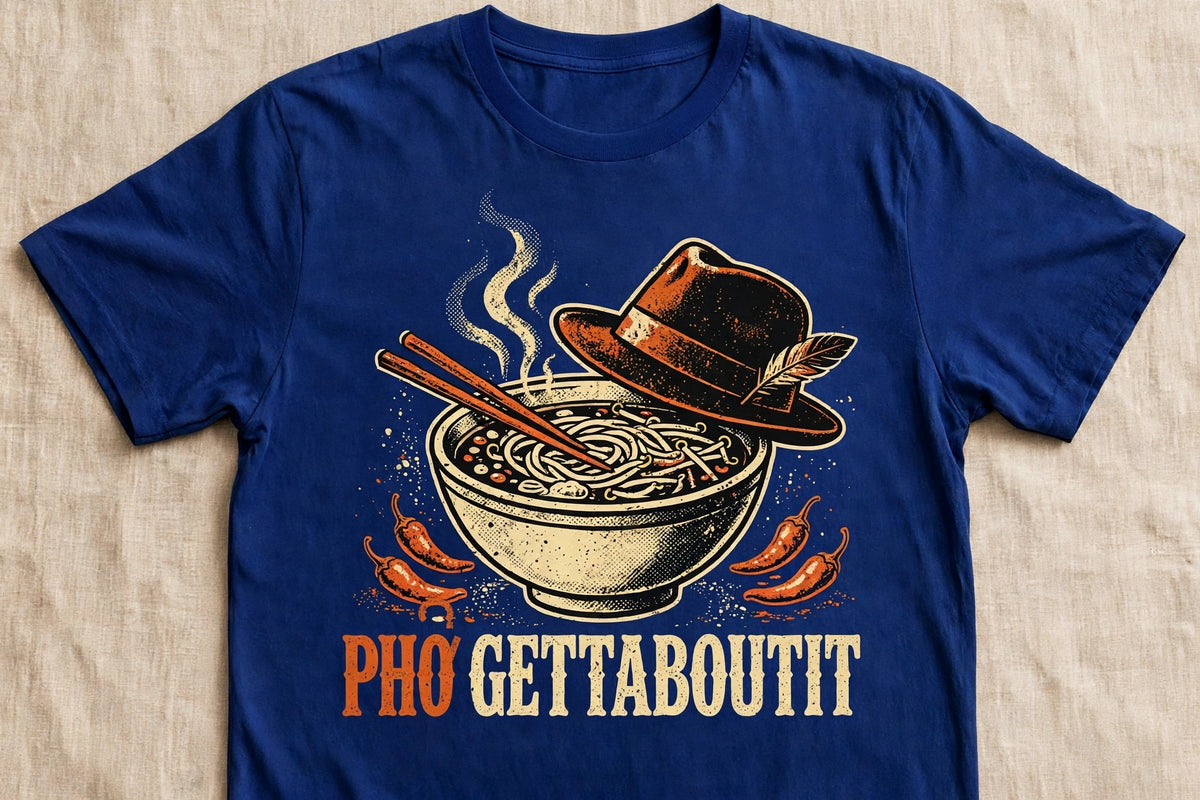 Phởgettaboutit pho shirt front print - vintage pho bowl graphic, ink on blue Bella Canvas tee flat lay