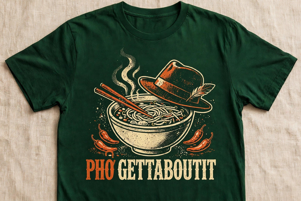 Phởgettaboutit pho shirt front print - vintage pho bowl graphic, ink on green Bella Canvas tee flat lay