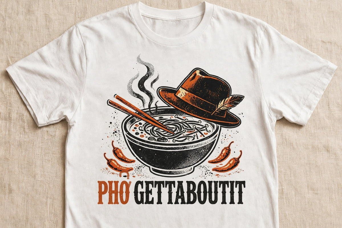 Phởgettaboutit pho shirt front print - vintage pho bowl graphic, dark ink ink on white Bella Canvas tee flat lay