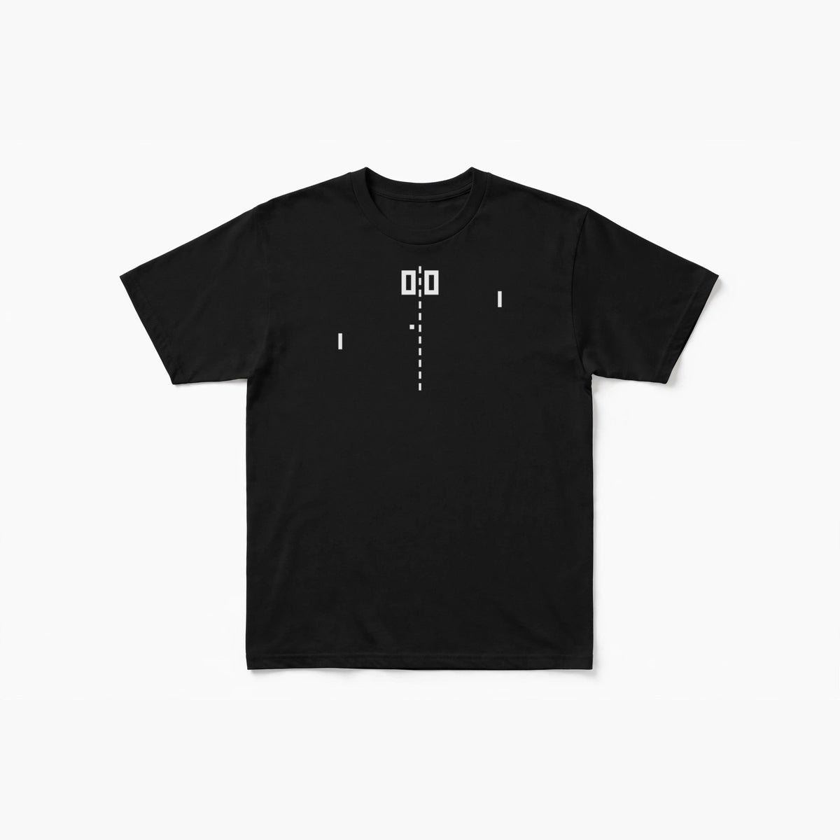 Pong shirt front print - the original 1972 arcade game screen with paddles, square ball, dashed net and 0-0 score on black Bella Canvas tee
