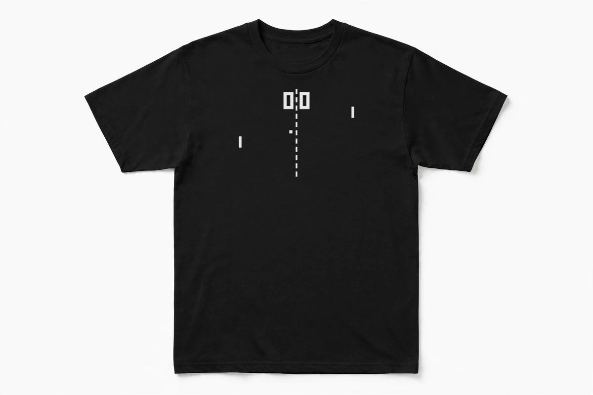 Pong shirt flat lay on white background - retro arcade game screen front print on black unisex tee