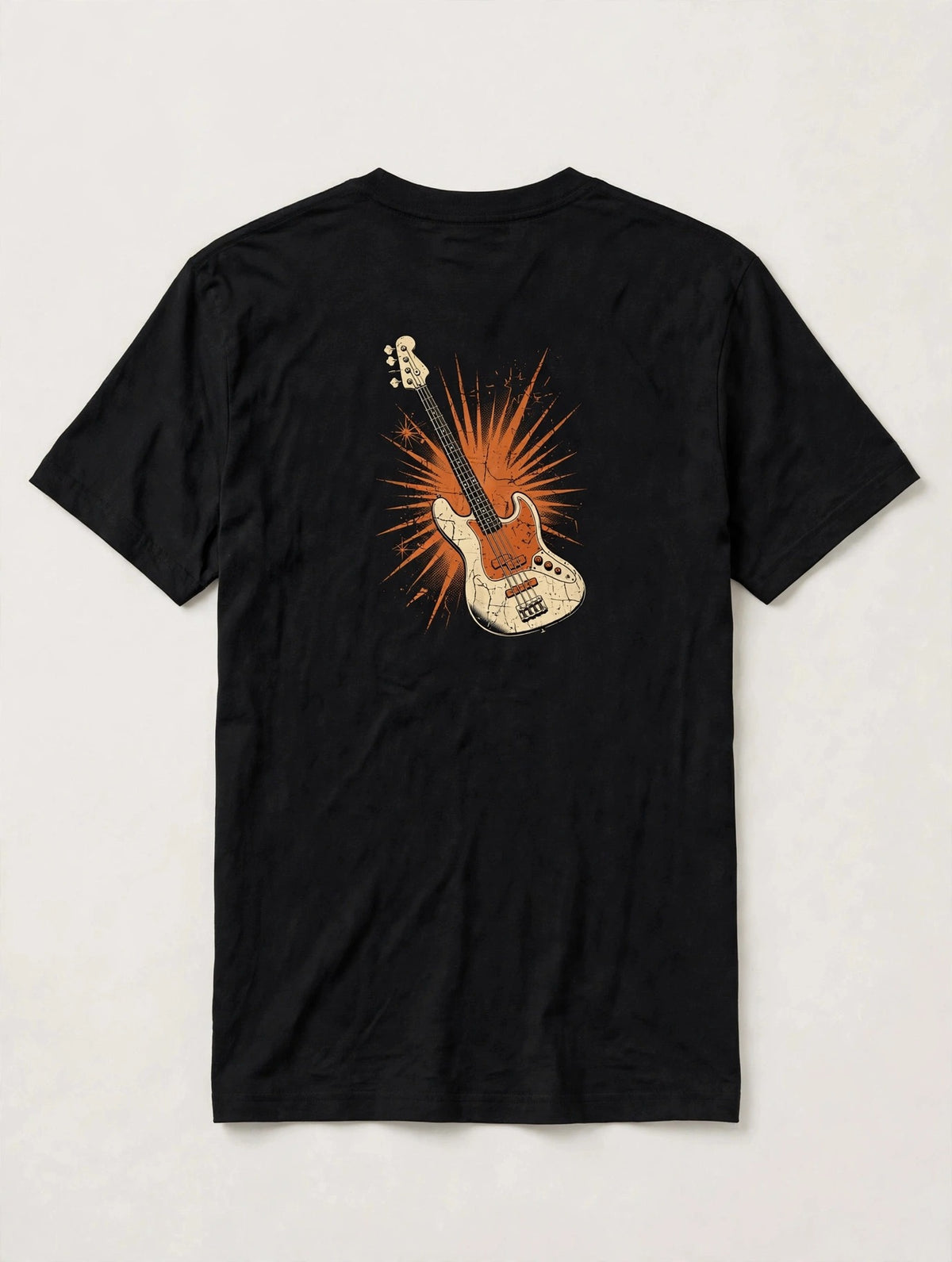 Black bass player t-shirt back print: vintage cream and burnt orange bass guitar with starburst, distressed screen print