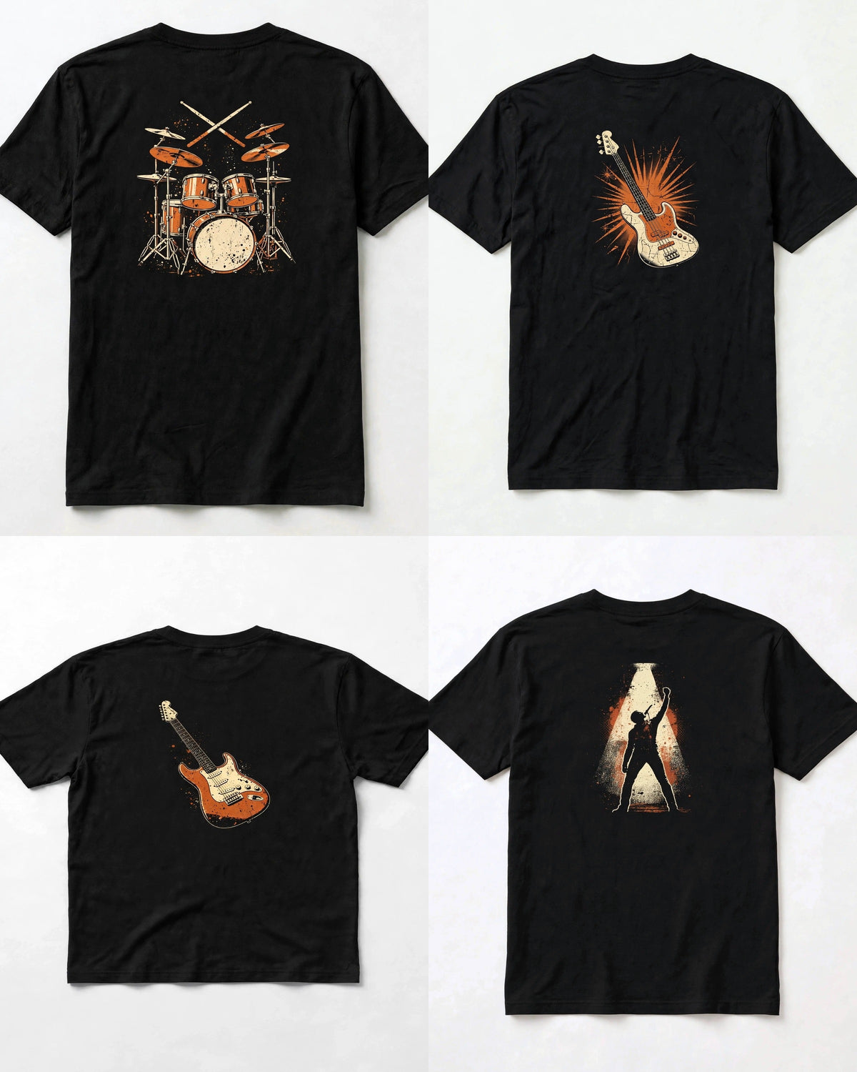 Band shirt bundle of 4 black tees showing the backs: drum kit, bass guitar, Strat electric guitar and singer in spotlight back prints