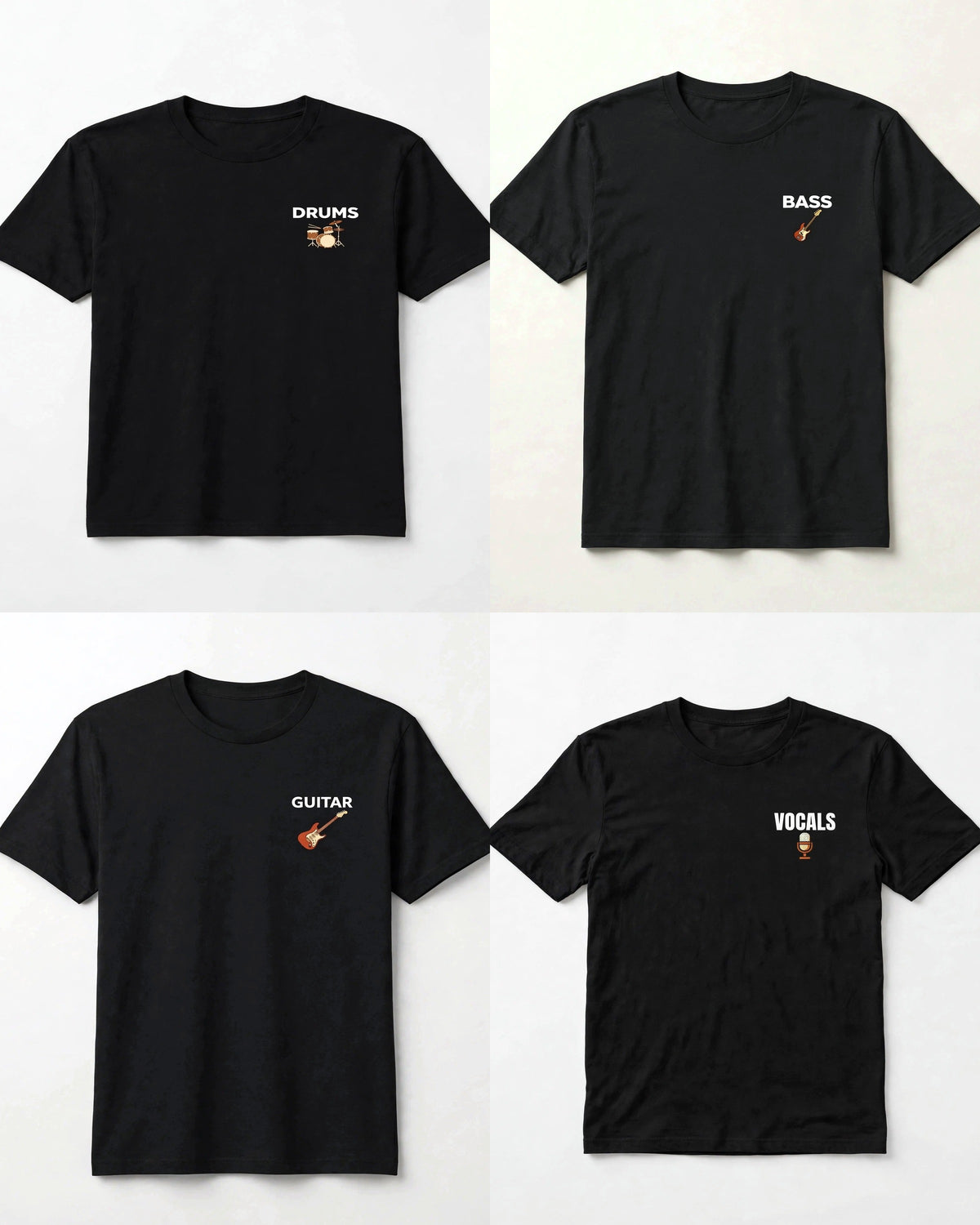 Band shirt bundle of 4 black tees showing the fronts: DRUMS BASS GUITAR VOCALS in bold white caps with small instrument icons, left chest prints