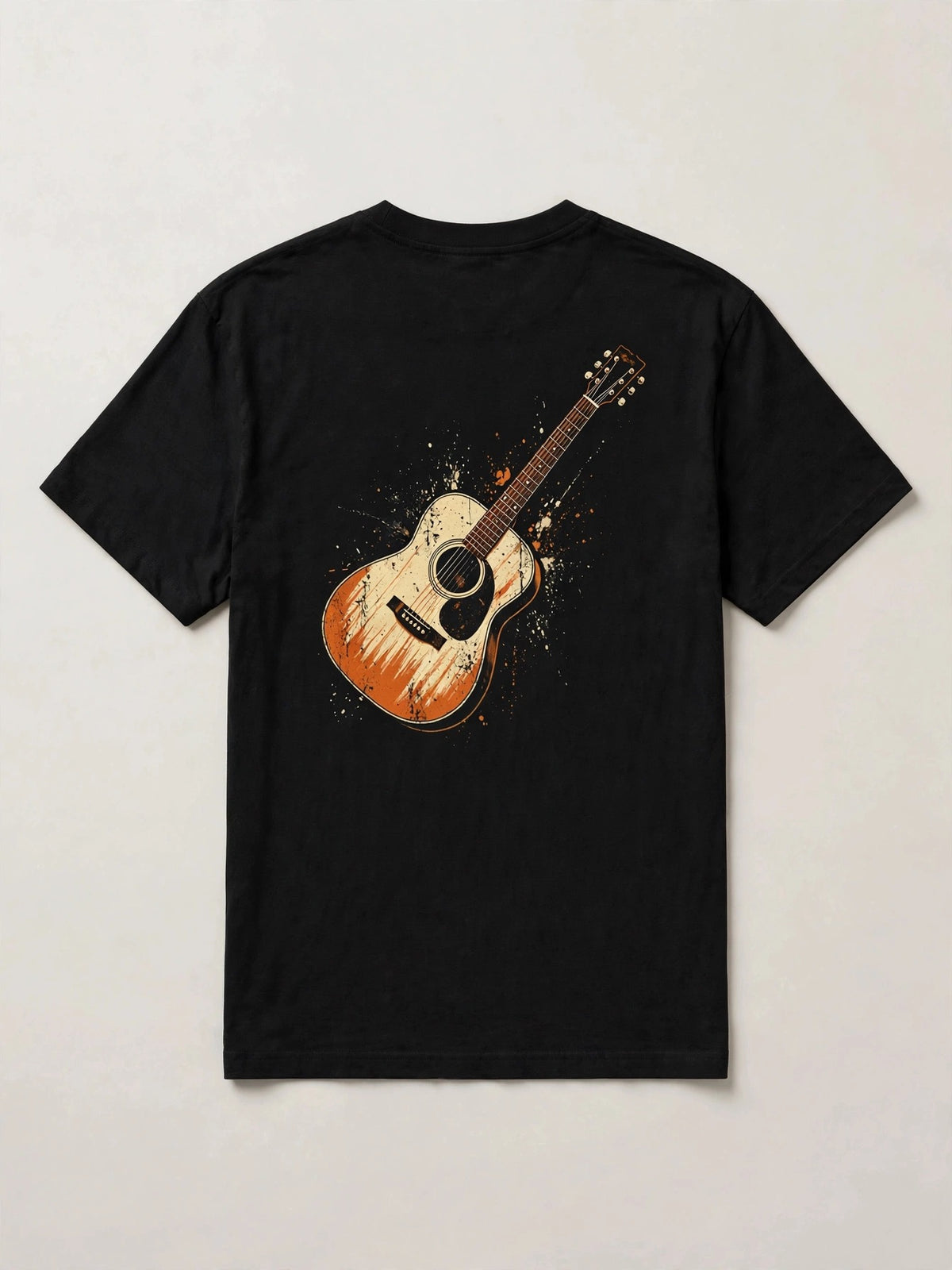 Black guitar t-shirt back print: natural wood acoustic dreadnought guitar, cream and burnt orange vintage distressed screen print