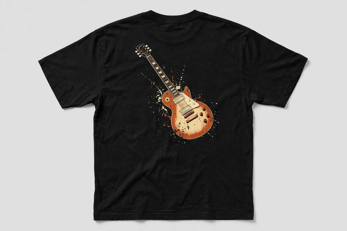Black guitar t-shirt back print: sunburst Les Paul style electric guitar, cream and burnt orange vintage distressed screen print