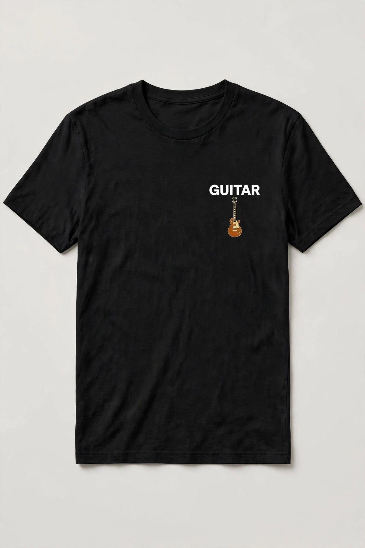 Black guitar t-shirt front: GUITAR in bold white caps with a small sunburst Les Paul style guitar icon, left chest print